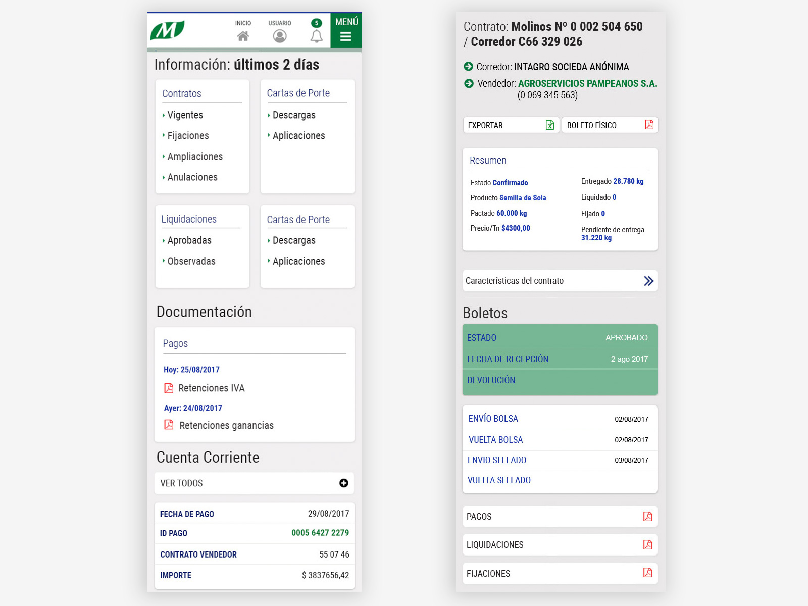 Molinos Agro — homepage and contract detail on mobile