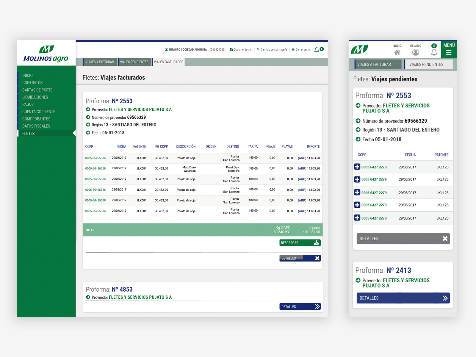 Molinos Agro freight — desktop and mobile progressive disclosure