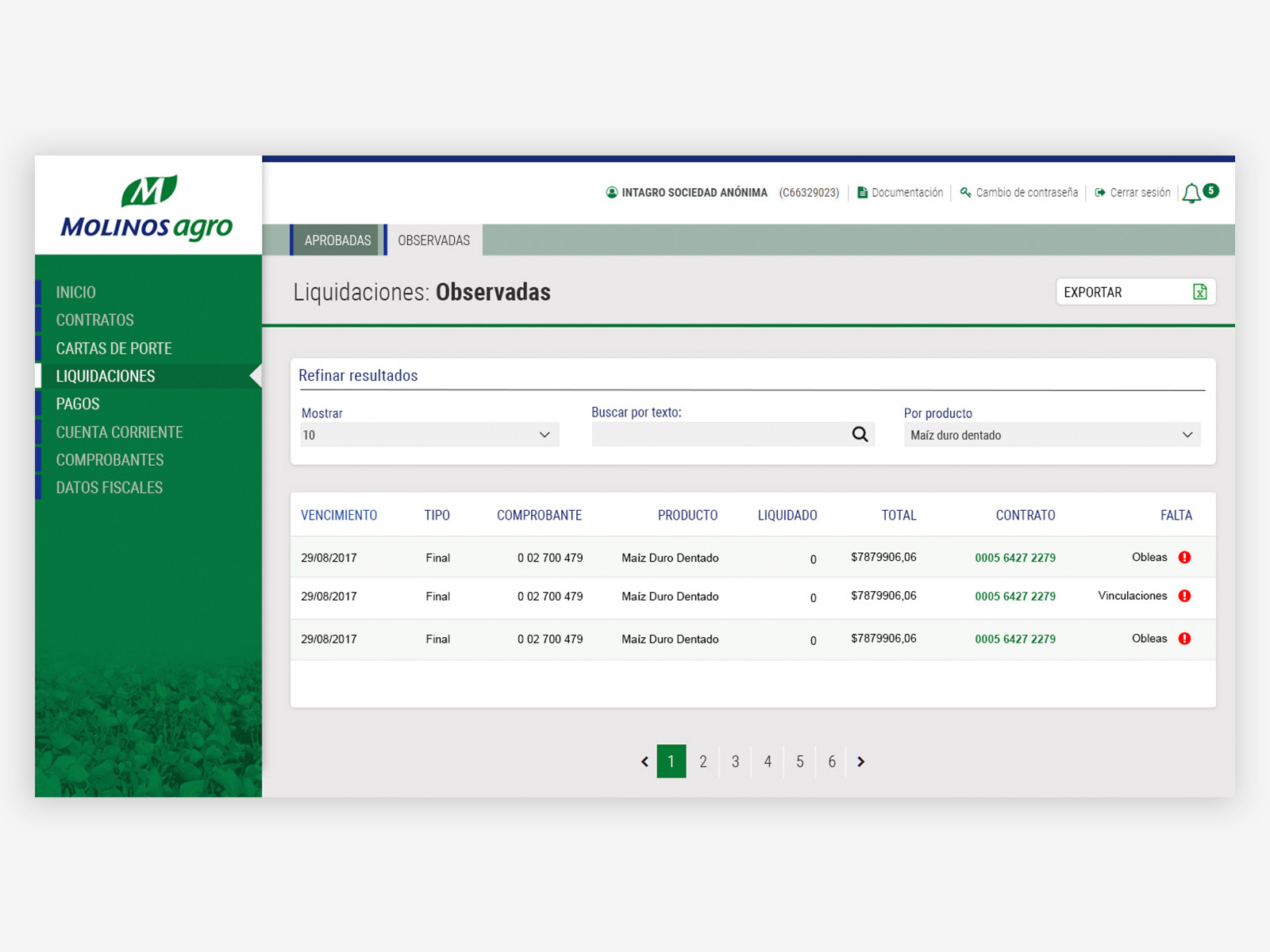 Molinos Agro settlements — flagged tab with inline error indicators