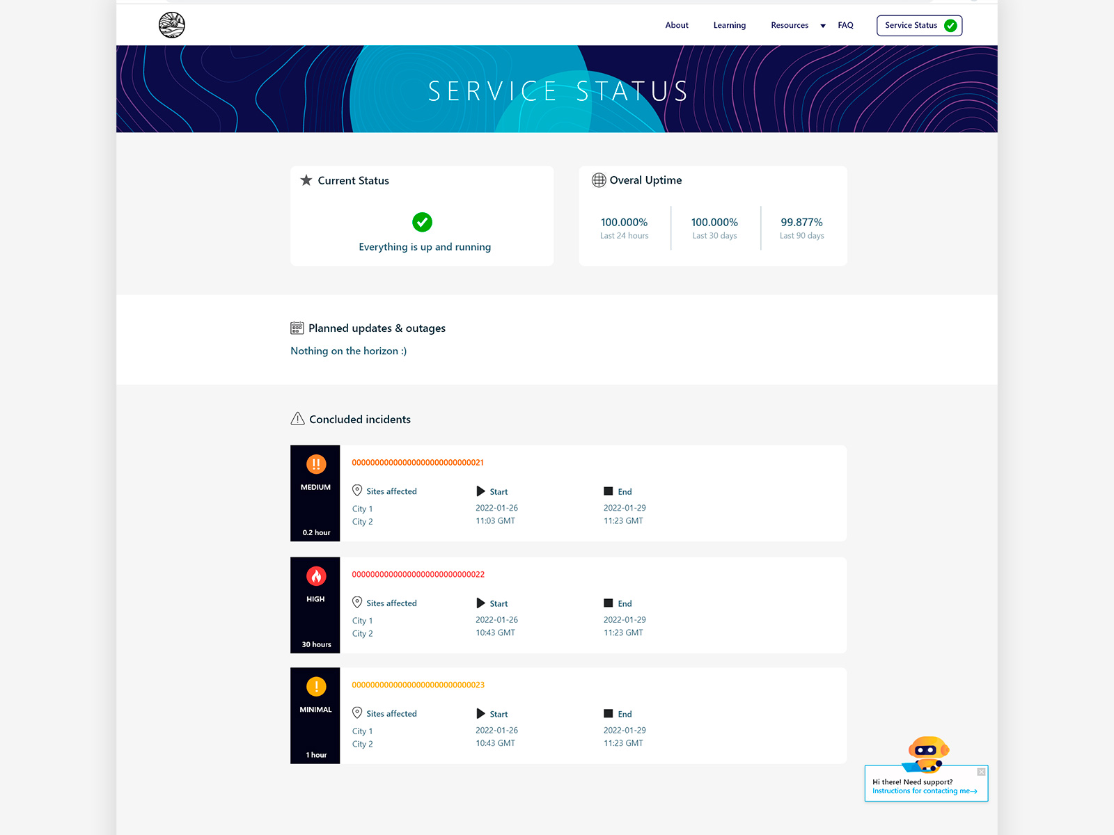 Remote Computing Portal, service status dashboard with uptime metrics, planned outages, and incident severity levels