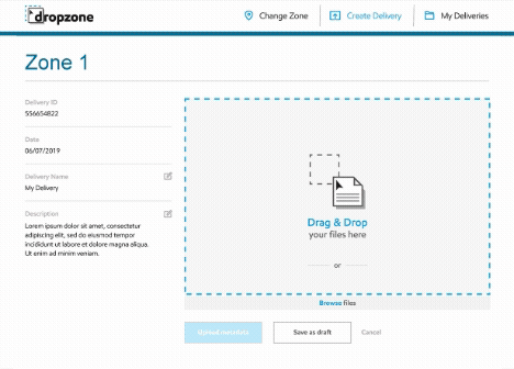DropZone — animated upload flow showing real-time progress