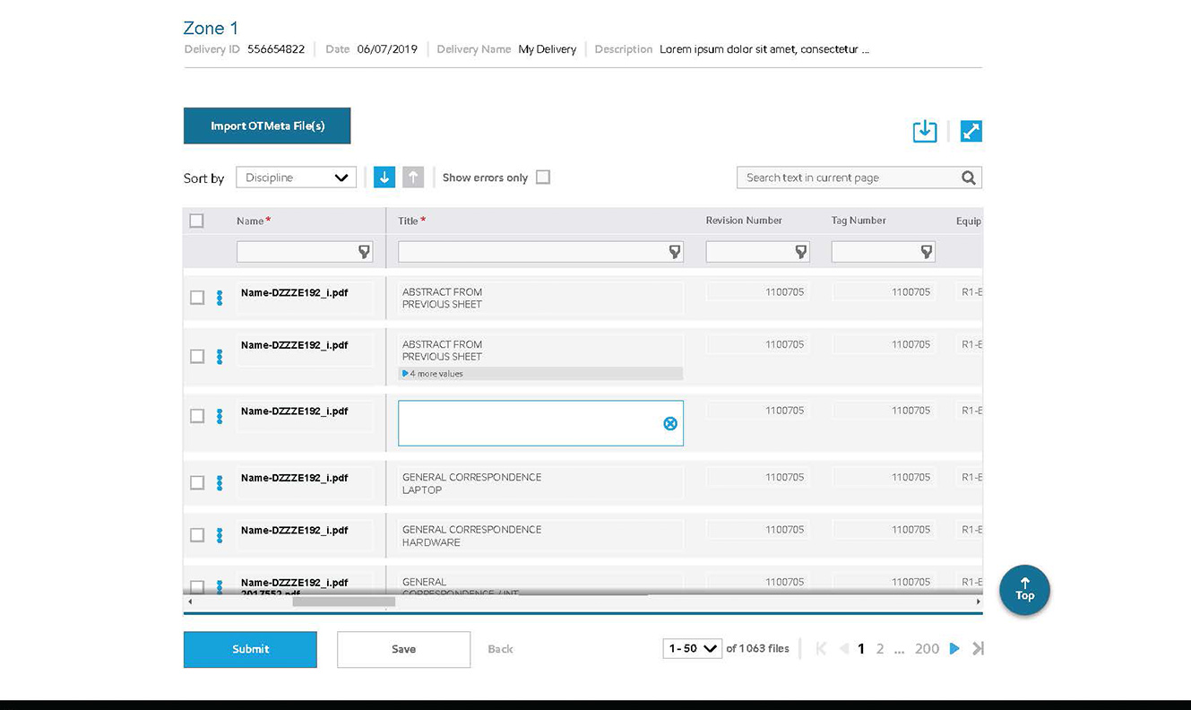 DropZone — metadata table with active inline editing