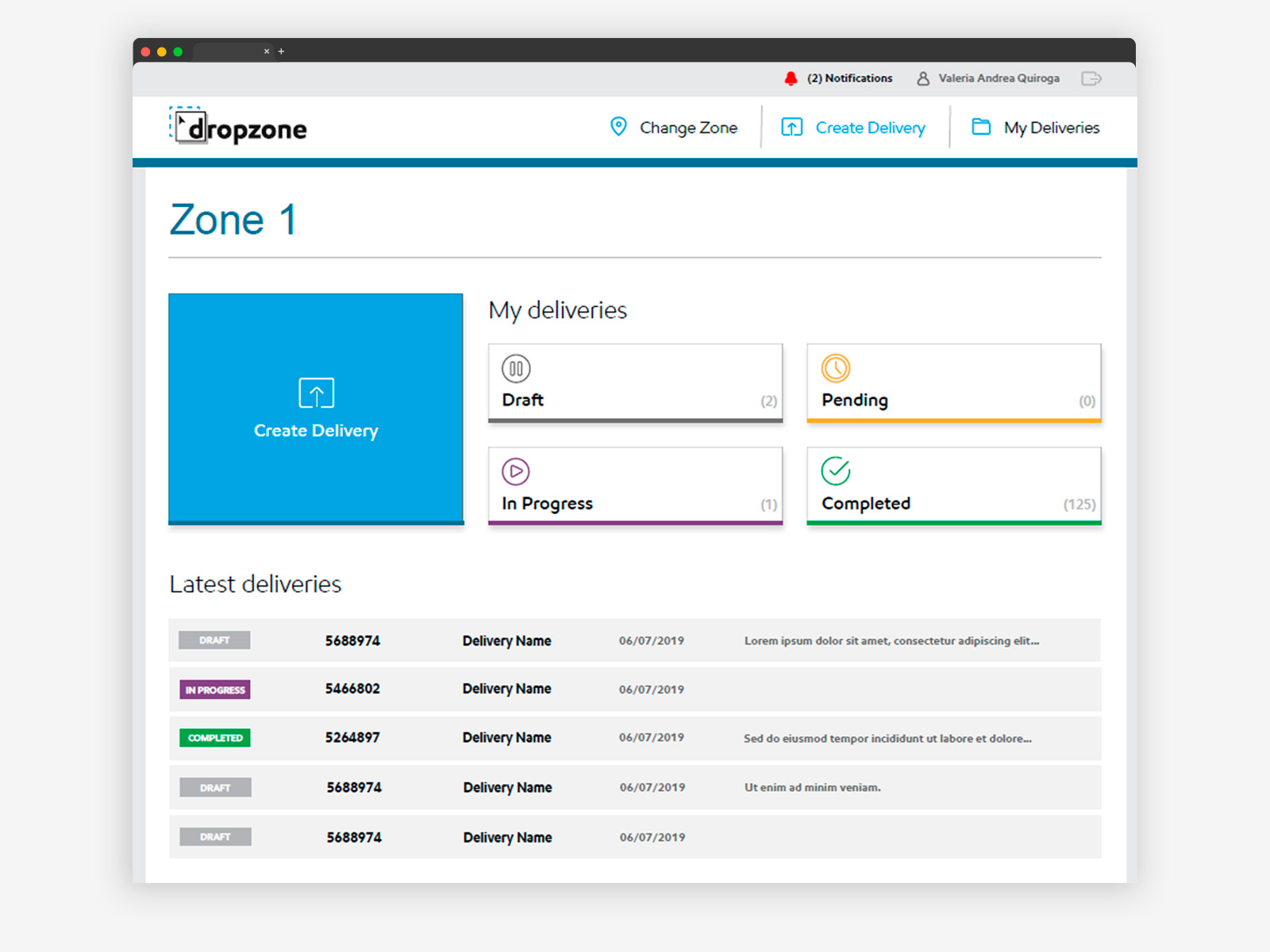DropZone — delivery dashboard with four status states