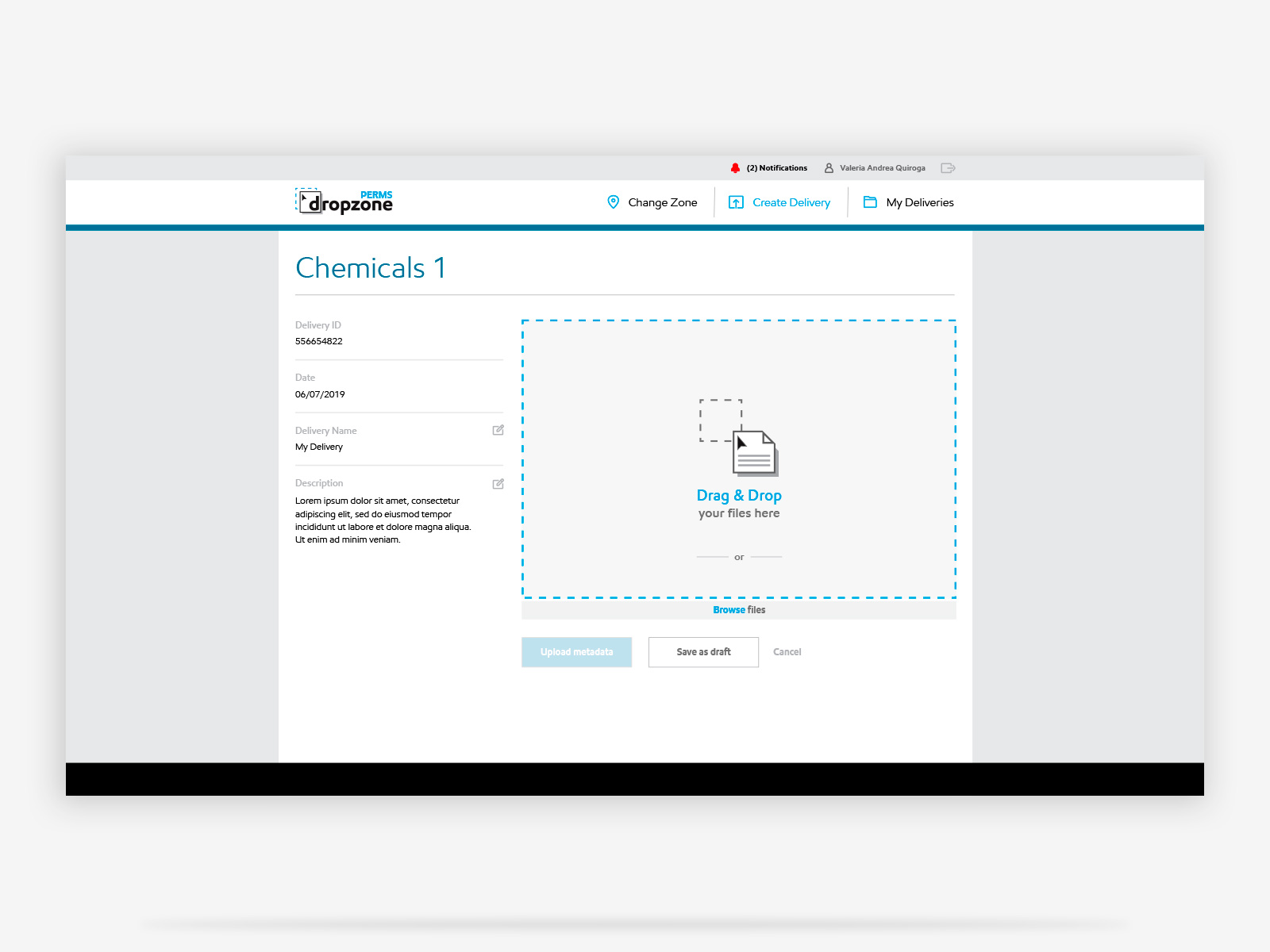 DropZone — upload screen with delivery context and drag and drop area