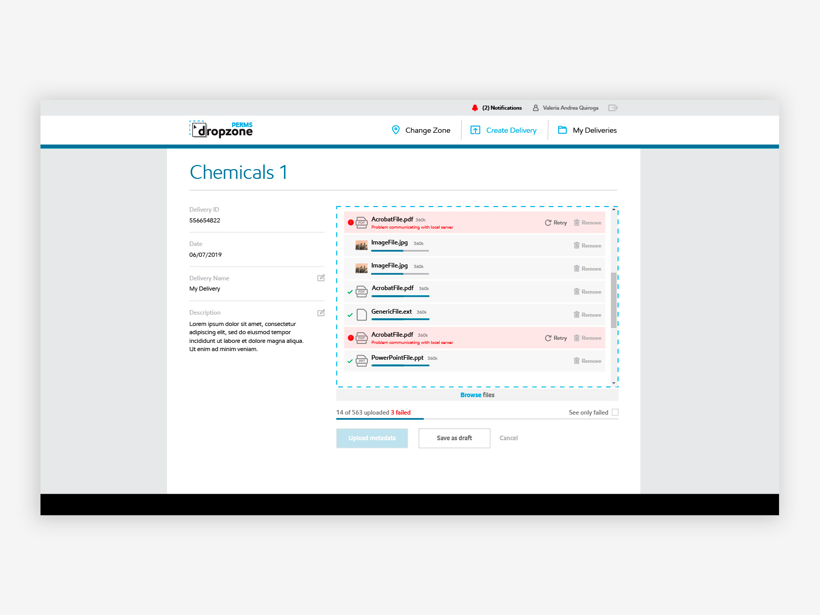 DropZone — upload in progress with per-file status and error flags