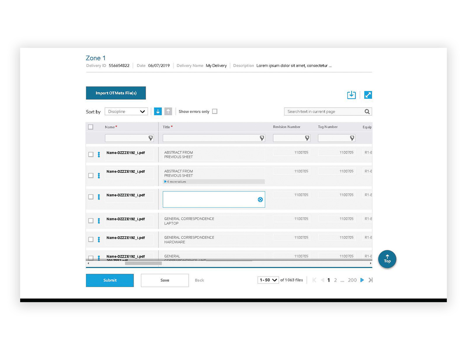 DropZone — metadata table with inline editing