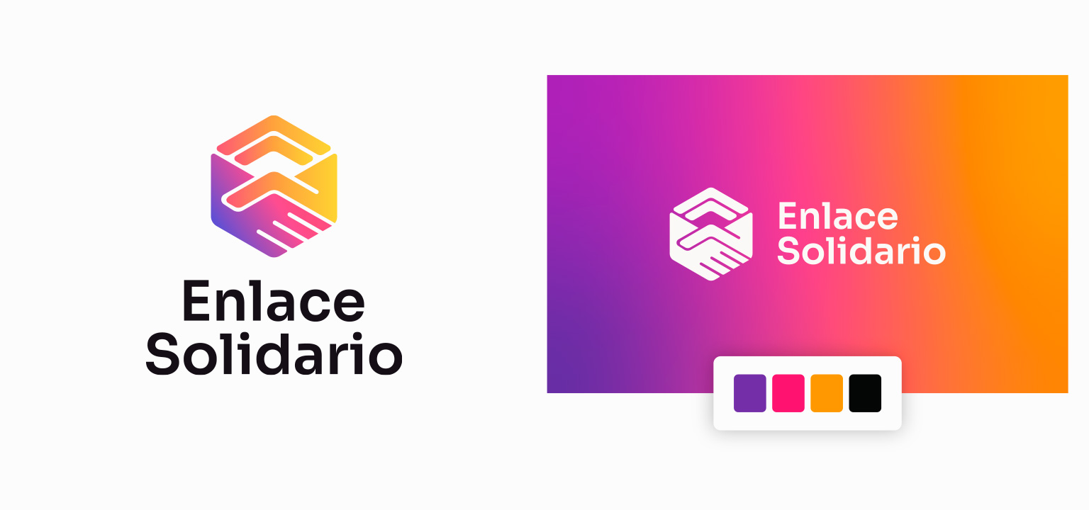 Enlace Solidario logo — gradient version on light background and white version on brand gradient