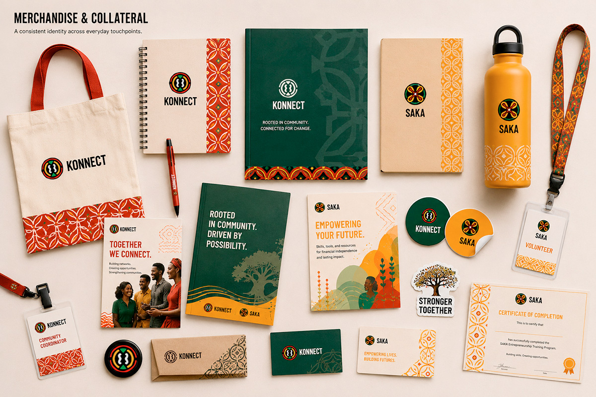 Konnect and Saka merchandise flat lay including tote bags, notebooks, water bottle, lanyard, volunteer badge, and certificate