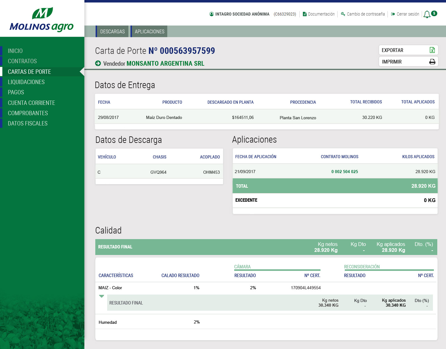 Molinos Agro grain delivery document