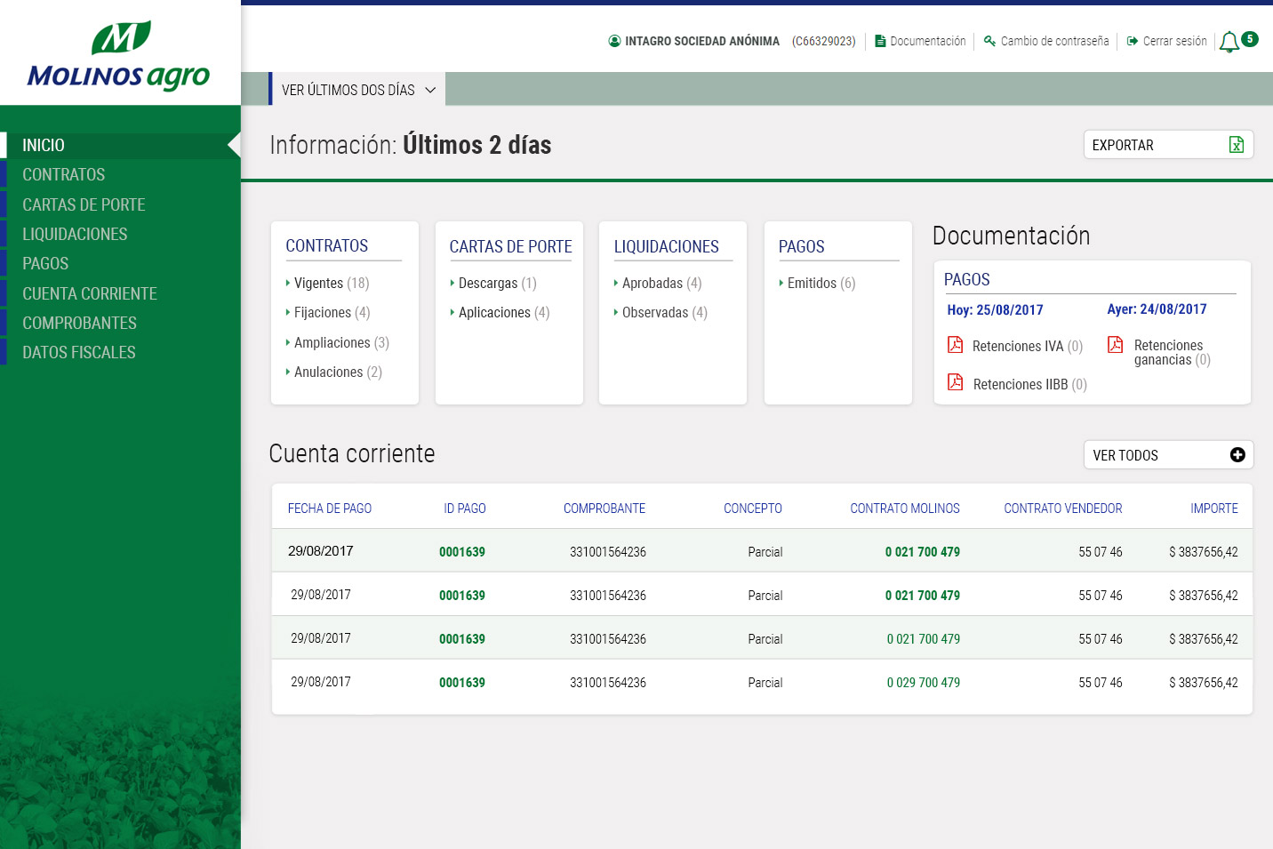 Molinos Agro homepage — desktop with sidebar navigation