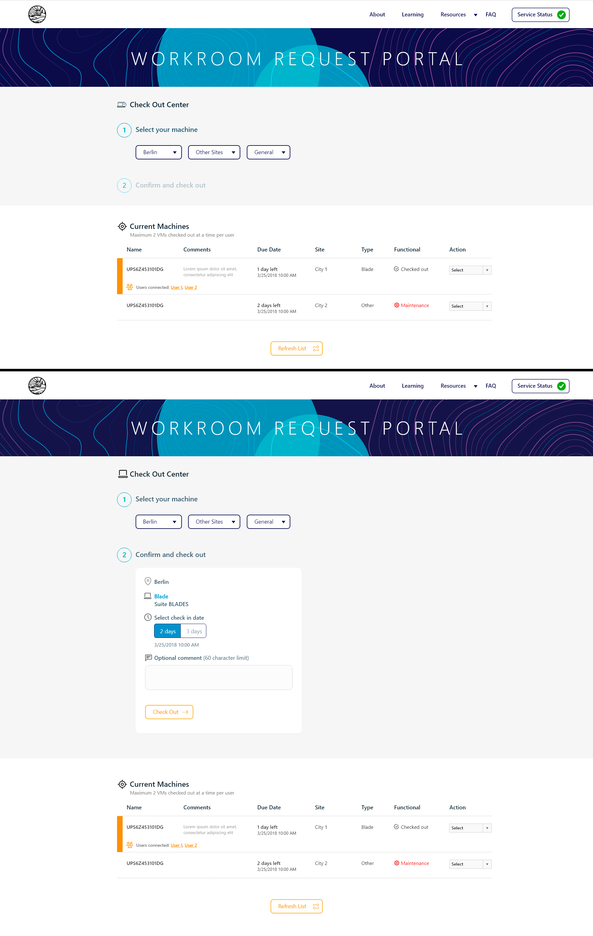Remote Computing Portal, two-step machine checkout flow with location filters and confirmation card