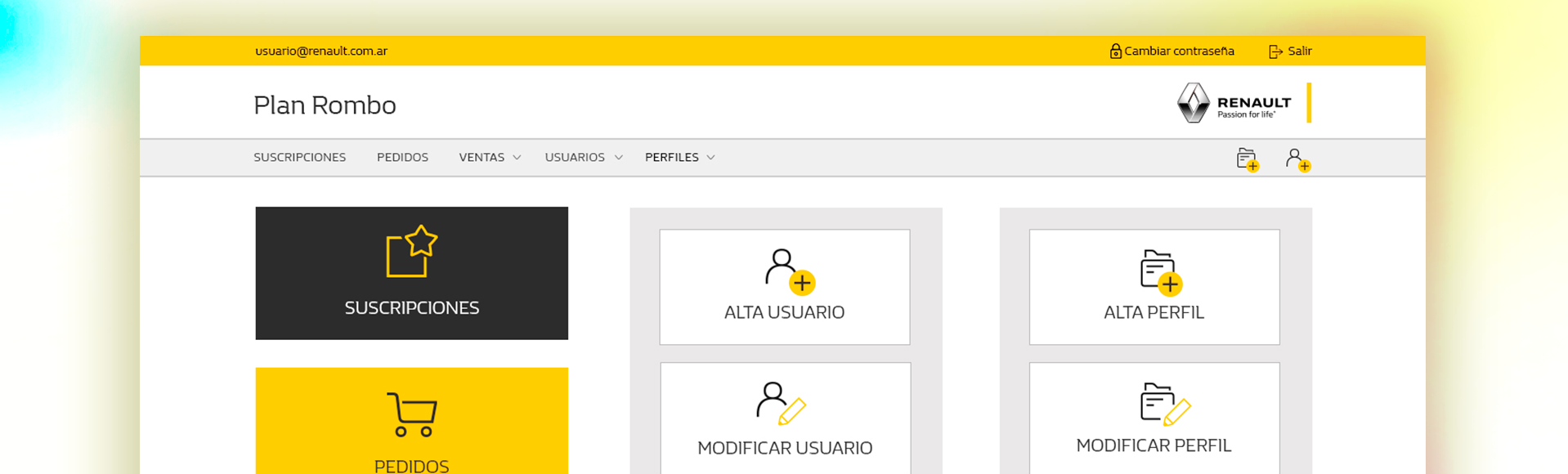 Plan Rombo — desktop dashboard with quick-access modules for subscriptions, orders, user and profile management