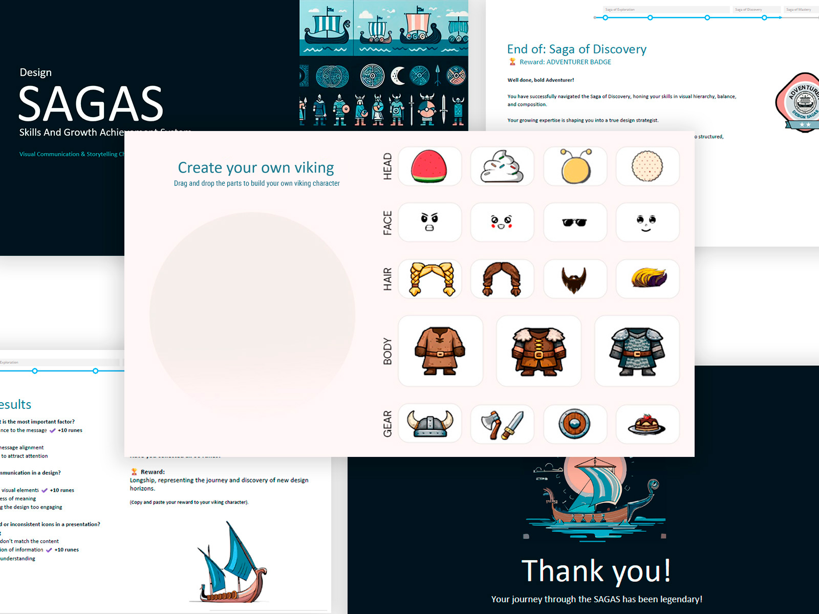 Sistema visivo Design SAGAS — iconografia vichinga, personaggio personalizzabile, premi tematici e slide di storytelling