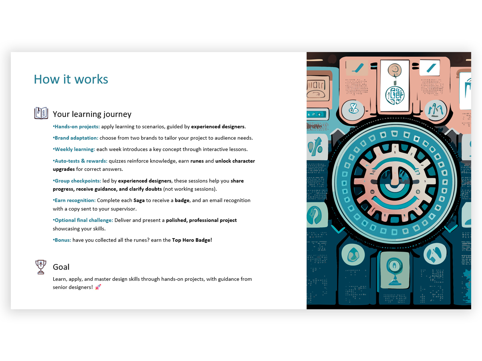 Slide di onboarding di Design SAGAS — come funziona il programma per i partecipanti