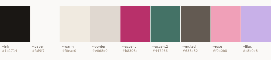 Color token system: ink, paper, warm, accent, accent2 and decorative pastels
