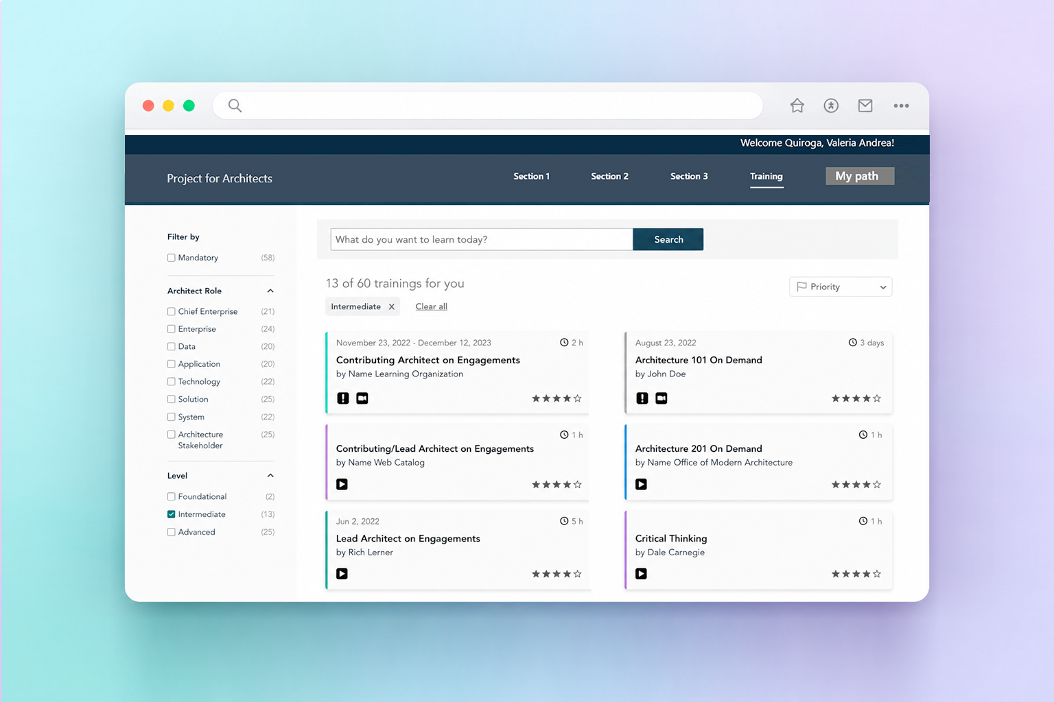 Architecture Learning Portal — course catalog with filters and personalized learning paths