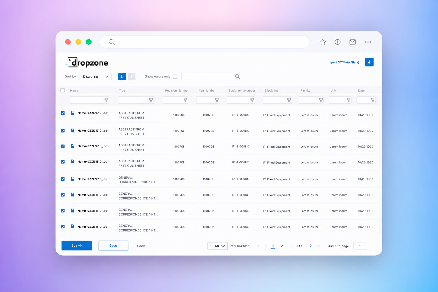 DropZone — bulk document delivery tool with metadata table and error states