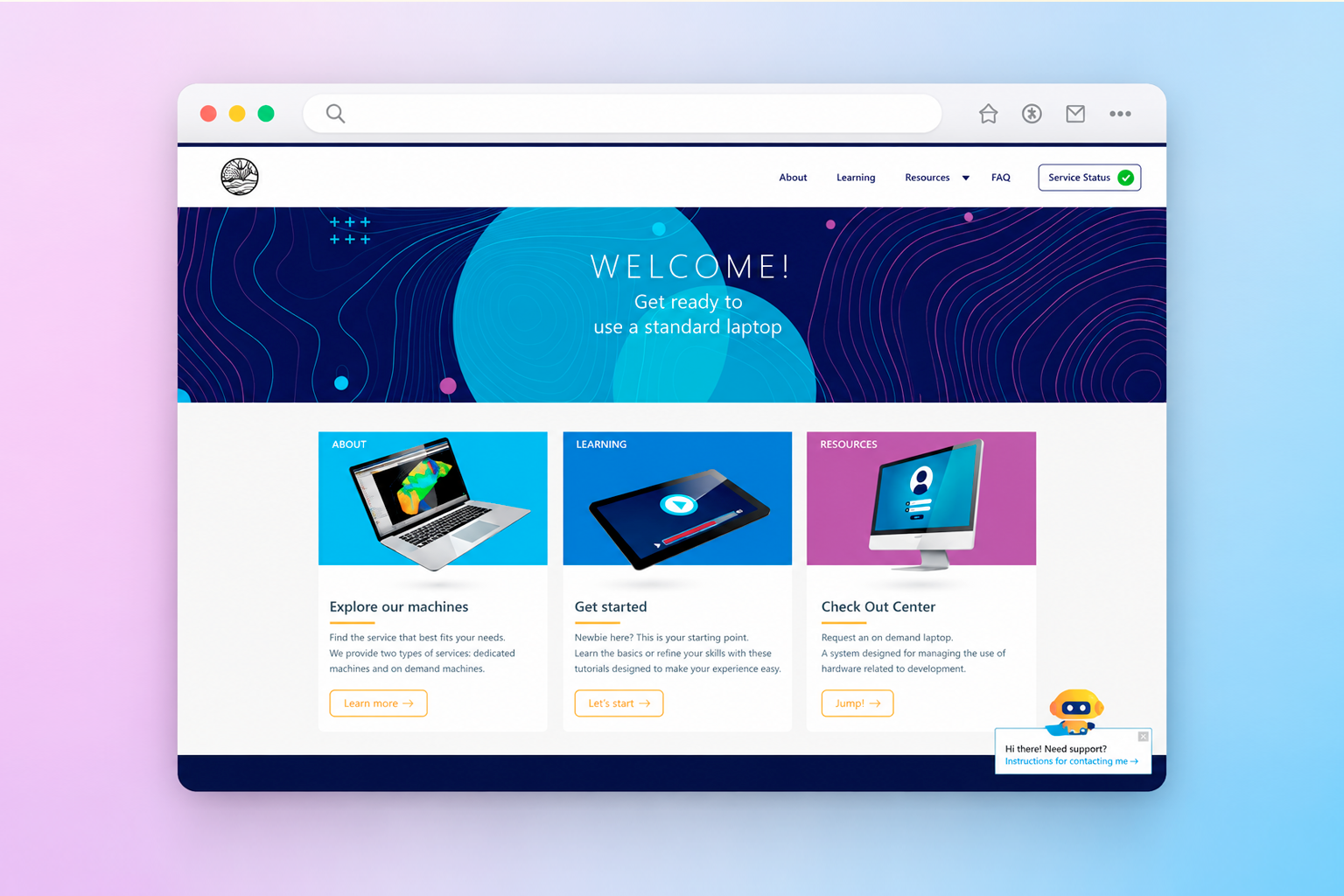 Remote Computing Portal — homepage with navigation and machine request flow