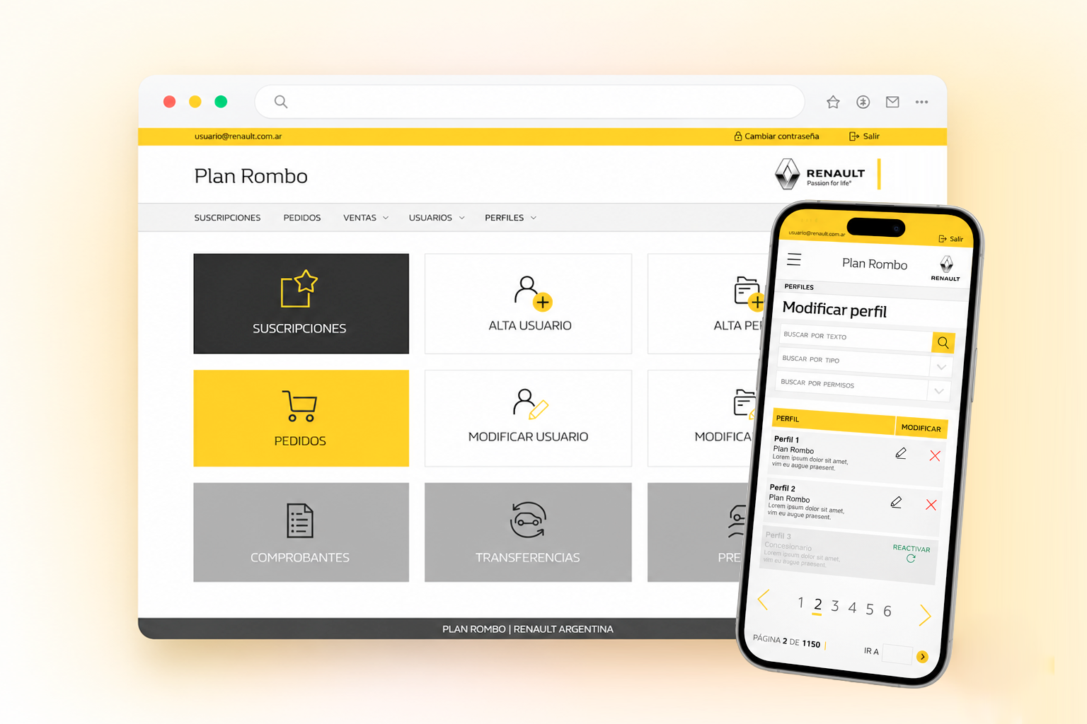 Plan Rombo — dashboard with large action tiles for user and permission management